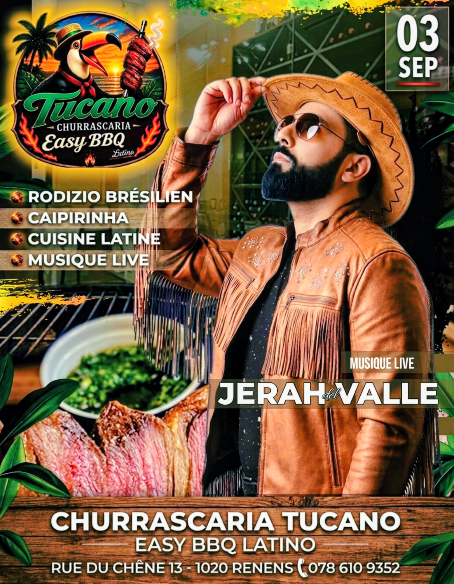 Jerah del Valle en musique live au Tucano BBQ, le 3 septembre. Rodizio brésilien, caipirinha, cuisine latine.