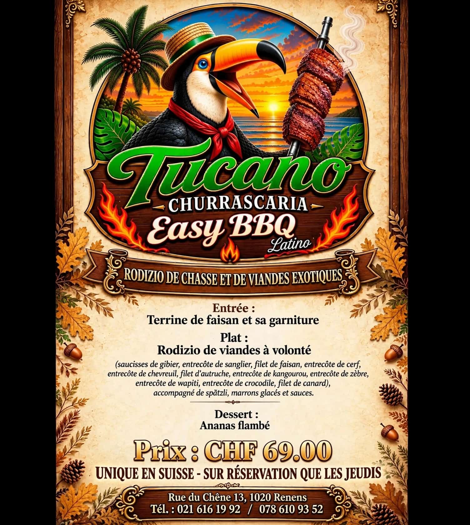 Rodizio de chasse et de viandes exotiques, 69 francs, unique en Suisse, sur réservation les jeudis au Tucano BBQ.